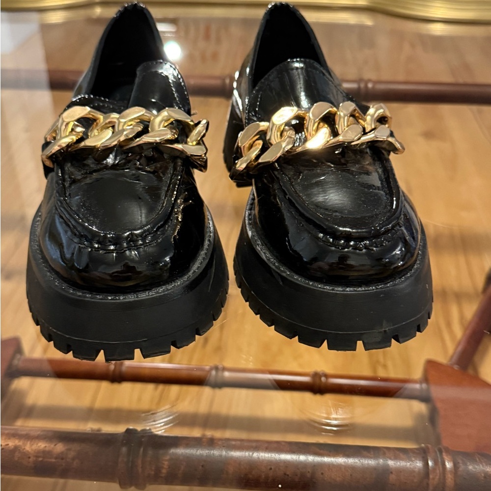 ASOS Black Patent Loafers with Gold Chain